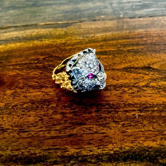 Distinctive Design Pink Sapphire silver diamond Feline Head Ring - Picture 2 of 6